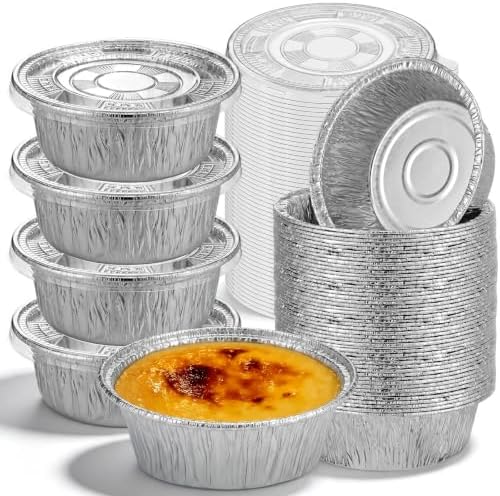 50 Pack Disposable Foil Baking Pans with Lids, 5 Inch Round Aluminum Baking Cups Mini Pie Pans Oven & Air Fryer Safe Foil Tins for Dessert, Individual Pot Pie, Meal Prep Party Wedding