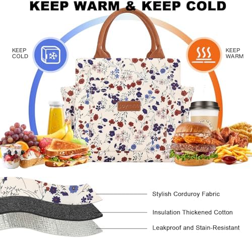 Joymee Insulated Lunch Bag Leakproof with Bottle Holder- Corduroy Floral