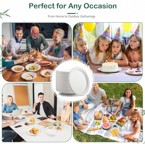 10 Inch Paper Plates 128 Pack, Heavy Duty Disposable Dinner Plates, Large Compostable Sugarcane Bagasse Plates, Leak Resistant, Cut Resistant, Microwave Safe, White