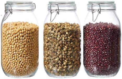 ODBCYWM 68oz Glass Food Storage Jars with Airtight Lids, Set of 3 – Clear Preserving Seal Wire Clip Fastening Canisters for Kitchen Canning, Flour, Cereal, Pasta, Sugar, Beans, Pickling Jars (68oz*3)