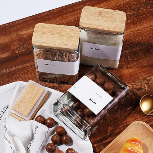 APT 1101 Glass Storage Jars with Bamboo Lid, glass canisters with airtight lids, Clear jars with lids for Spice, Cookie, Candy, Tea, Coffee Bean and Rice (White, 26 oz, Set of 6)