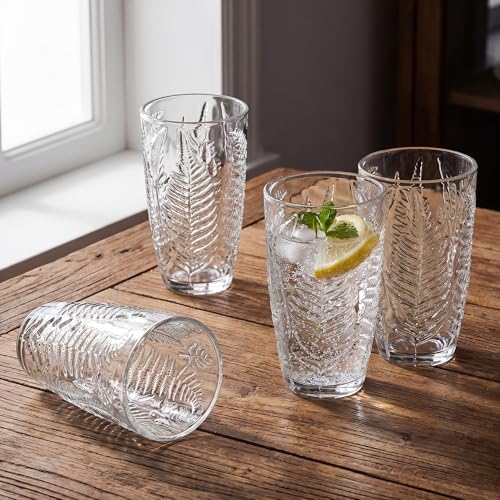 Clear Drinking Glasses Set of 4, 16 oz Glass Cups, Vintage Fern Glassware