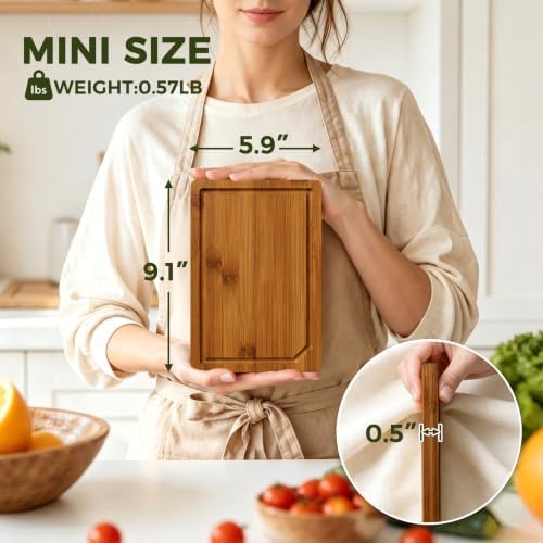 Kikcoin 9"×6" Small Bamboo Cutting Board with Handle, Deep-Carbonized