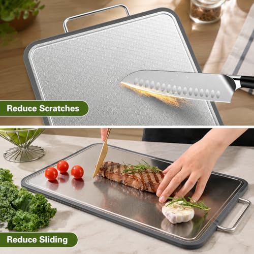 304 Stainless Steel Cutting Board 16''×11'' – Double-Sided Kitchen Chopping Board for Meat, Fruits & Vegetables, Rust-Resistant Steel Cutting Board with Dual Juice Grooves, Easy to Clean
