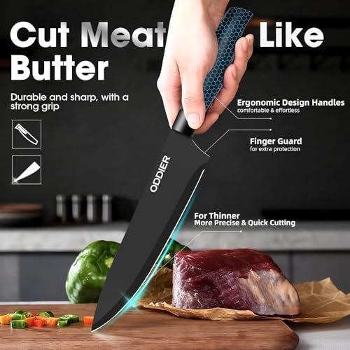 Kitchen Knife Ket with block, Knife Block Set, Anti-Rust High Carbon German Stainless Steel Knife Set, 7 Piece Chef Knife Set, New Home Apartment Essentials, Dishwasher Safe, Black