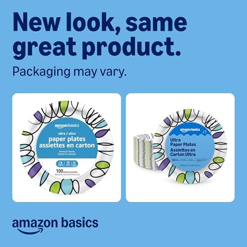 Amazon Basics Ultra Paper Plates, 10 Inch, Disposable, 100 Count, Packaging May Vary