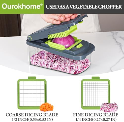Ourokhome Onion Chopper Dicer with Container, Manual Food Cutter with Handheld Veggie Spiral, Hand Vegetable Mandolin slicer for Potato, Tomato, Carrot, Essential Kitchen Gadget (6 in 1, Gray)