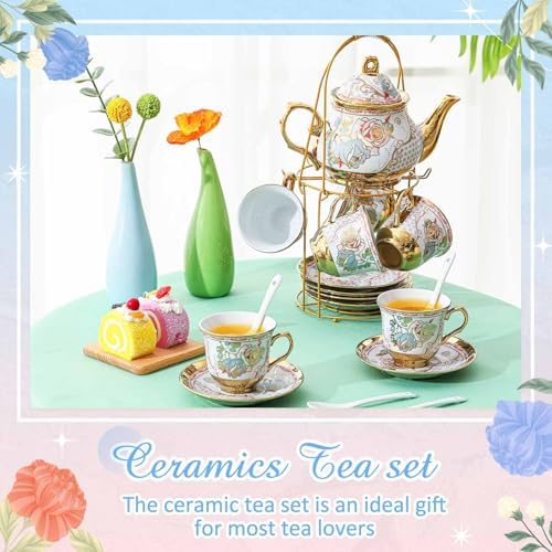 Zhehao 20 Pcs Porcelain Tea Set for Adult, with Metal Holder, Refined