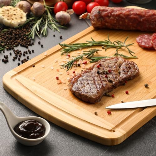 Large Wooden Cutting Board for Kitchen Meal Prep & Serving - Bamboo Cutting Boards with Juice Groove Side Handles, Charcuterie & Chopping Butcher Block - 100% Organic Bamboo, Pre Oiled, 16" x 10"