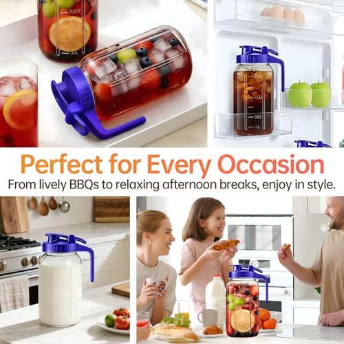 64oz Glass Pitcher with Lid & Spout – 2 Quart Mason Jars, Airtight & Leakproof Breastmilk Pitcher for Cold Brew Coffee, Sun Tea, Water, Juice – Wide Mouth, Fridge Safe
