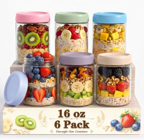 Mason jars 16 oz with lids, Chia Pudding Jars, Jar for Overnight Oats