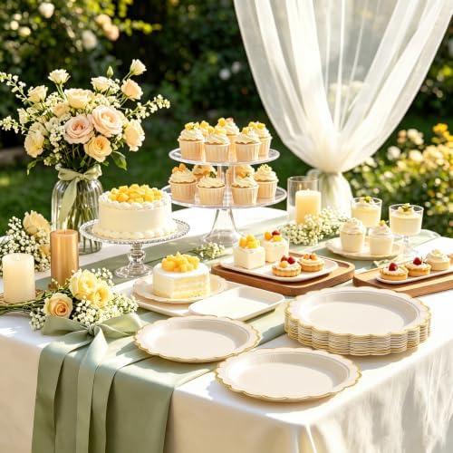 NatNarr 30 Pk Ivory Paper Plates 9" Scalloped Cream Plates with Gold Rim