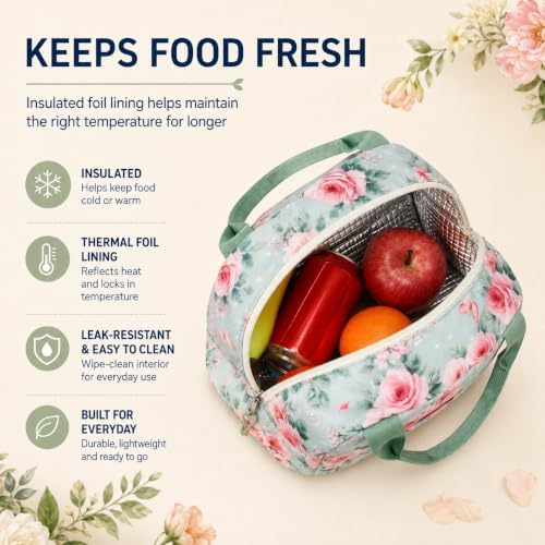 Bluboon Lunch Box for Women Cute Lunch Bag Reusable Insulated Lunch Bags Large Capacity Lunchbox Cooler for Work Picnic or Travel Gifts (Pink Rose Bow 282, 10 x 7.5 x 8 inches)