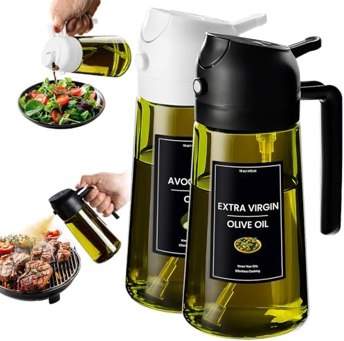 CXINYI - 16oz/470ml Olive Oil Dispenser for Kitchen with Stickers - 2 in 1 Olive Oil Sprayer for Cooking, Air Fryer, and Salad, Black&White (Light-Proof Kitchen Gadget)