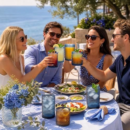 Hobnail Drinking Glasses Set of 12 Kitchen Glass Cups Glassware, Blue
