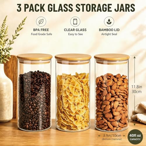3 Pack 1200 ML / 40 FL Oz Glass Storage Container with Wood Lid, Stackable Clear Decorative Organizer Bottle Canister Pantry Jar with Air Tight Wooden Lid for Food, Coffee, Candy, Sugar, Salt, Tea