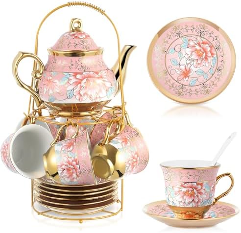 Zhehao 20 Pcs Porcelain Tea Set for Adult, with Metal Holder, Pink