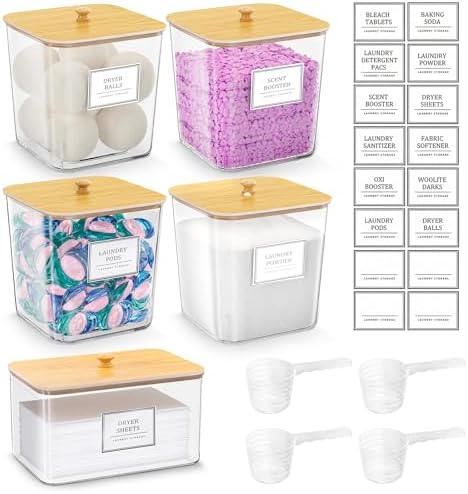 HomePekite Laundry Pods Storage Container, Clear Acrylic Laundry Room Organization and Storage ,Detergent Powder Container,with Wooden Lids & Labels, 4+1 Pack