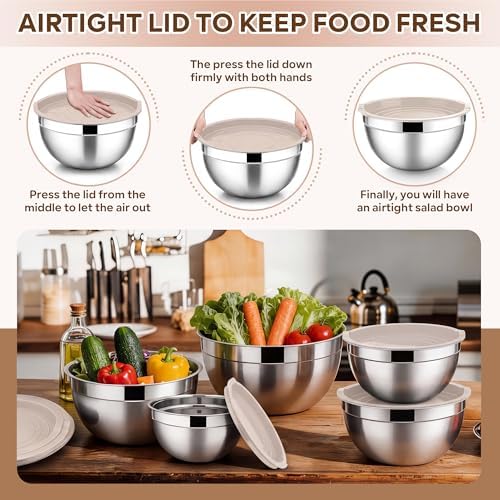 E-far Mixing Bowls with Lids Set, Stainless Steel Cooking Salad Bowl, Khaki