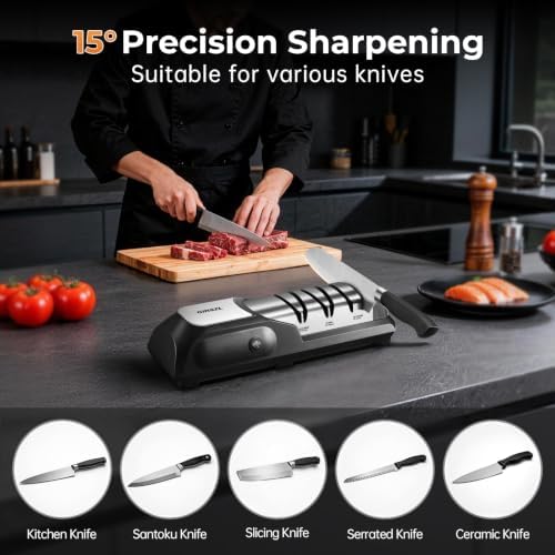 Kitchen Professional Electric Knife Sharpener: 3-Stage 100% Diamond Abrasives Knife Sharpeners with 15° Precision Angle Electric Steel Sharpening Tool to Restore/Polish Chef Knives