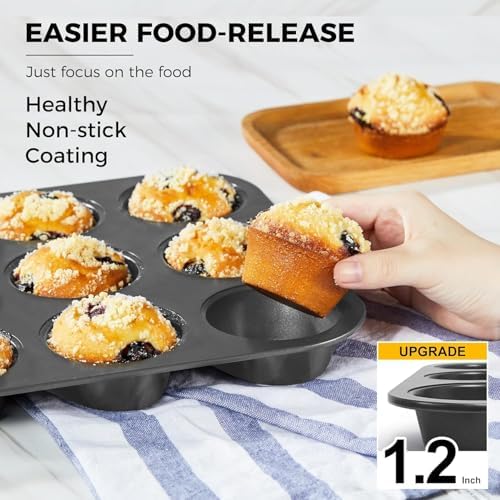 HONGBAKE Non-Stick Muffin Pans, Cupcake Pan with Silicone Baking Cups, 2 Pack Non toxic Healthy Muffin tin, Heavy duty-Dark Grey