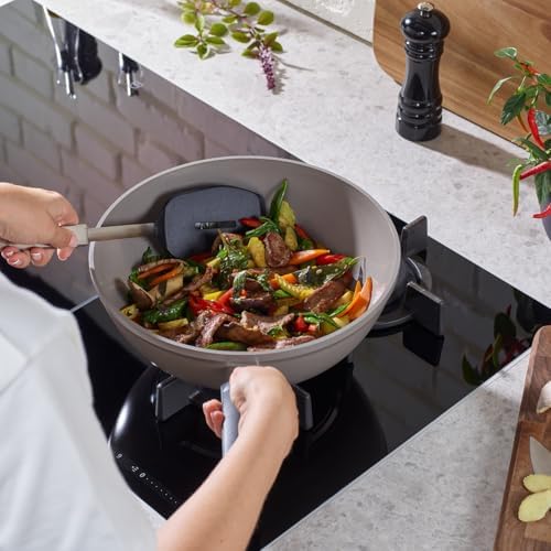 Fissler Ceratal Comfort 12 Inch Ceramic Non-Stick Wok, 5.5 Quart, Warm Grey, Made without added PFAS/PTFE, All Stovetops Including Induction, Made in Germany