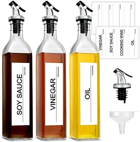 gmisun Olive Oil Dispenser Bottle for Kitchen, 3 Pack 17 Fl Oz Glass Oil Dispensers Bottles, Clear Cooking Vegetable Oil Dispenser Container Cruet Set with Plastic Pourer Spout, Funnel and Labels