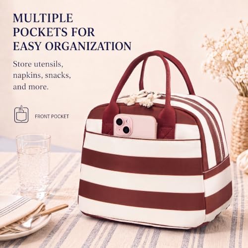 LOVELYWIND Lunch Box for Women, Insulated Lunch Bag, Red Striped Tote