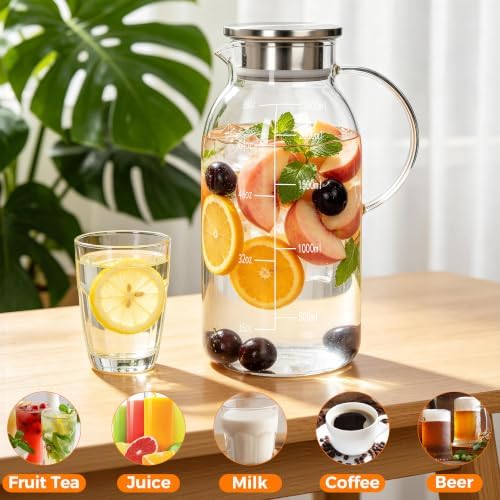 88oz Glass Pitcher, Stainless Steel Lid and Precise Scale Line, Easy Clean Heat Resistant Borosilicate Glass Jug