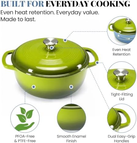 DUMOS Cast Iron Dutch Oven, 6 Quart Pot with Lid, Enameled Heavy Duty Cookware, Oven Safe to 500°F, Perfect for Bread Baking, Stews and Roasting, Moisture Sealing Lid with Dual Handles, Light Green