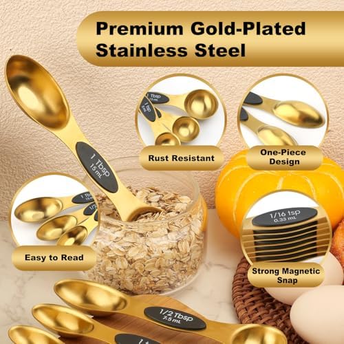 Gold Magnetic Measuring Spoons Set Stainless Steel with Leveler, Dual-Sided Stackable Metal Measuring Spoons for Baking & Cooking, Fits in Spice Jars, Heavy Duty Kitchen Gadgets, 8 Spoons & 1 Leveler