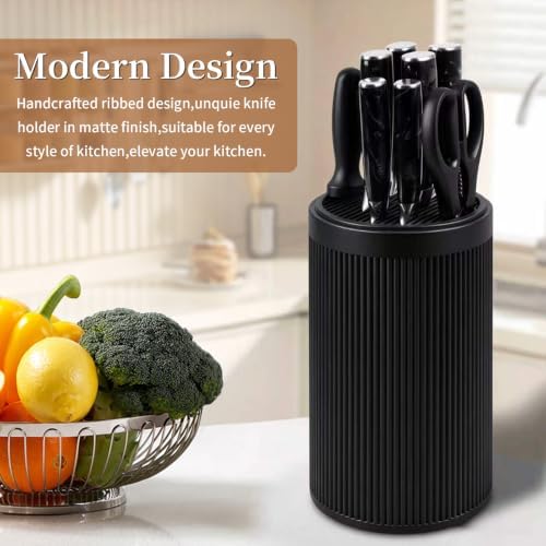 Universal Knife Block Without Knives,Round Knife Holder with Slots for Scissors & Sharpening Rod,Modern Sandstone Look Knife Organizer,Safe Space Saver Knife Storage Stand for Kitchen - Matte Black