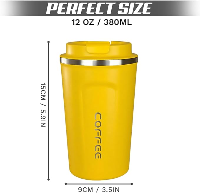 Travel coffee mugs leak-proof, reusable coffee cup with lid, stainless steel vacuum insulated coffee tumblers, thermal insulation cups for men & women keep drinks hot & cold (2nd-Yellow, 12OZ)