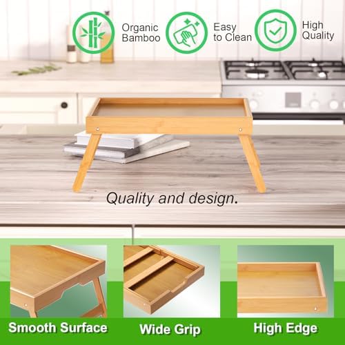 Fibogollo 4 Pack Bamboo Bed Tray Table with Folding Legs,Breakfast Trays,Serving Tray for Food and Snack,Laptop Trays for Working(Natural)
