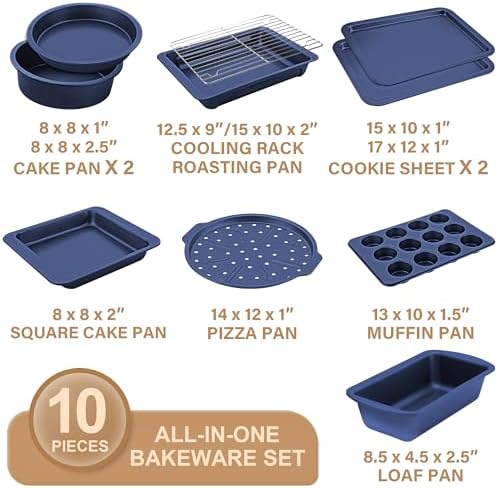 HONGBAKE Bakeware Sets, Baking Pans Set, Nonstick Oven Pan for Kitchen with Wider Grips, 10-Piece Including Rack, Cookie Sheet, Cake Pans, Loaf Pan, Muffin Pan, Pizza Pan - Blue