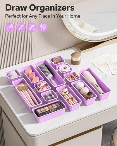 Canfanni 13 Pack Plastic Drawer Organizers Set, 3 Sizes Desk Drawer Organizer Trays for Vanity and Makeup Organizer, Organization and Storage for Makeup, Kitchen Utensils, Bathroom and Office(Purple)