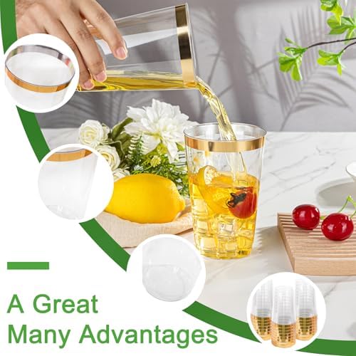 I00000 50 Pack 18 oz Gold Plastic Cups, Elegant Gold Rimmed Plastic Cups, Disposable Cocktail Glasses Wine Glasses, 18 oz Premium Tumblers Perfect for Birthday, Party & Wedding