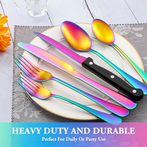 36 Pcs Rainbow Silverware Set with Steak Knives, Stainless Steel Flatware Cutlery Set for 6, Kitchen Tableware Sets, Utensil Sets for Home and Restaurant, Dishwasher Safe
