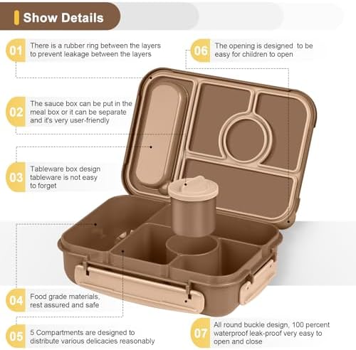 Amathley Bento Box Adult Lunch Box Kids,Lunch Containers for Adults/Kids/Toddler,5 Compartments Bento Lunch Box with Sauce Vontainers,Microwave & Dishwasher & Freezer Safe,BPA-Free (Brown)