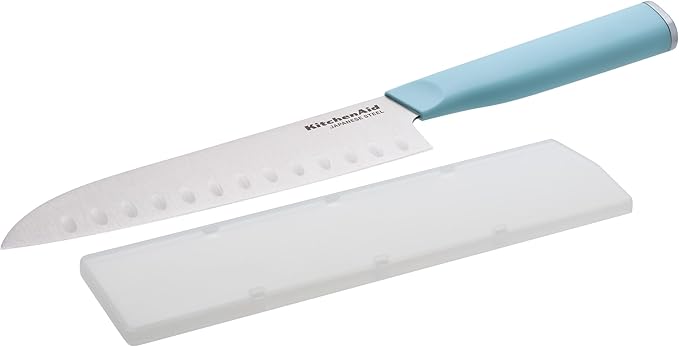 KitchenAid Gourmet Forged Santoku Knife with Custom-Fit Blade Cover, Sharp Kitchen Knife, High-Carbon Japanese Stainless Steel Blade, 7 Inch, Blue