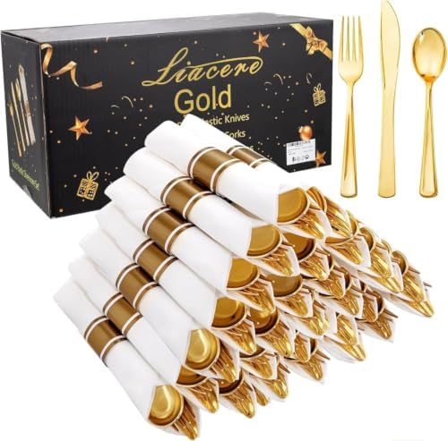 Liacere 100Pack Pre Rolled Gold Silverware and Napkin-400pcs Disposable Gold Plastic Utensils-Wrapped Plastic Cutlery Set with Napkin:100 Forks,100 Knives,100 Spoons,100 Napkins for Wedding＆Fall Party