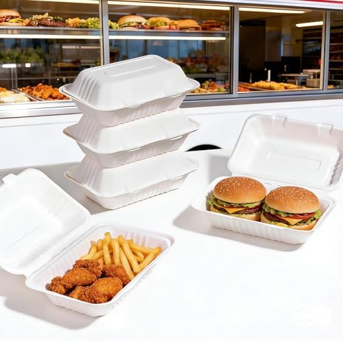 Turbo Bee 75 Pack White Compostable Take Out Containers, 9x6 Disposable Food Containers with Lids, Heavy Duty Clamshell To Go Boxes for Restaurant, Catering, Meal Prep & Lunch