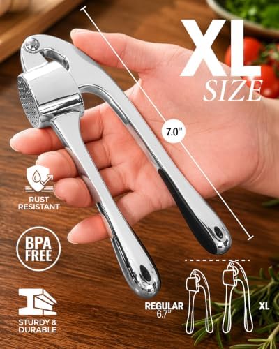 Zulay Kitchen Large Premium Garlic Press Set - Bigger Bowl for Bigger Garlic - Rust Proof Garlic Mincer Tool - Easy-Squeeze, Easy-Clean Silicone Garlic Peeler & Brush (Chrome)