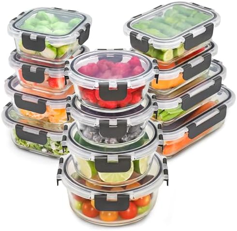 Freshware Glass Storage Containers with Lids, 24 Pieces, 12 Containers with 12 Lids, Glass Meal Prep Container for Lunch, Food Storage Containers, Leak Proof, Freezer Safe, Gray