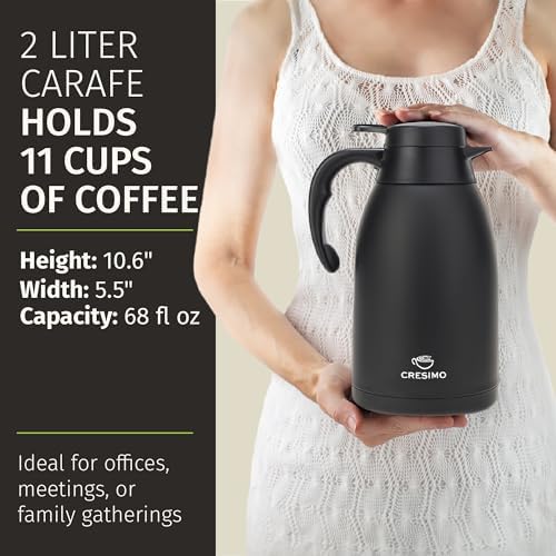 Cresimo 68 Oz Stainless Steel Black Thermal Coffee Carafe/Double Walled Vacuum Flask / 12 Hour Heat Retention / 2 Liter Tea, Water, and Coffee Dispenser