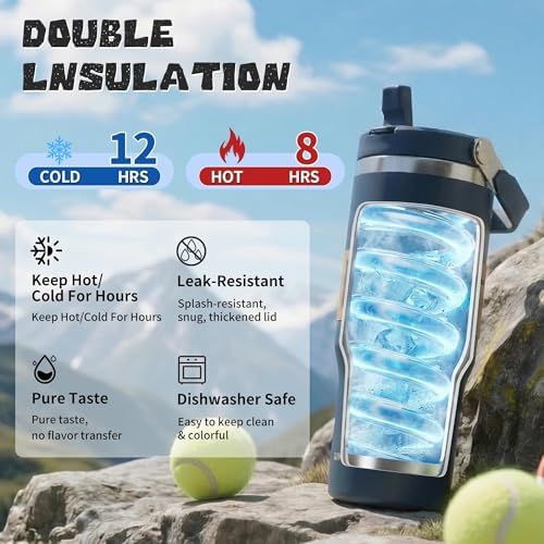 30oz Flip Straw Insulated Water Bottle with Handle, Leak Proof Stainless Steel Tumbler, Double Wall Vacuum Travel Coffee Mug for Cold Drinks, Gym Office Travel Essentials