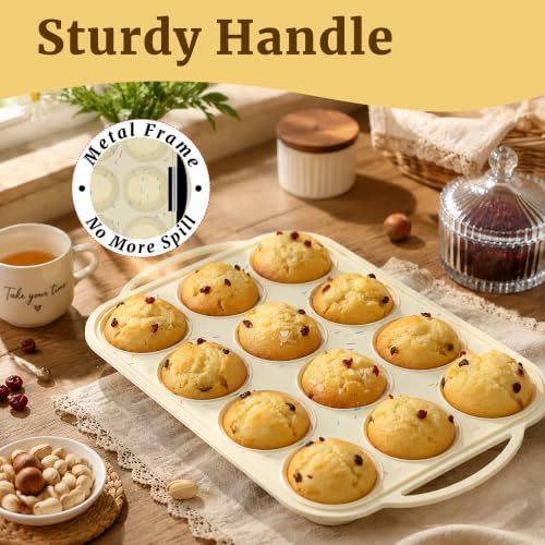 CAKETIME Silicone Muffin Pan, Metal Reinforced Frame Regular Size 2.8 Inch Cupcake Pan with Handle 12 Cups Nonstick Muffin Tray for Baking BPA Free 1 Pack