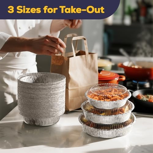 Fit Meal Prep 50 Pack 8" Round Aluminum Foil Pans with Clear Dome Lids, Pie Tins Disposable 8 inch with Lids, Take Out Containers, Freezer Oven Safe Aluminum Baking Pans for Storing, Cooking, Storage