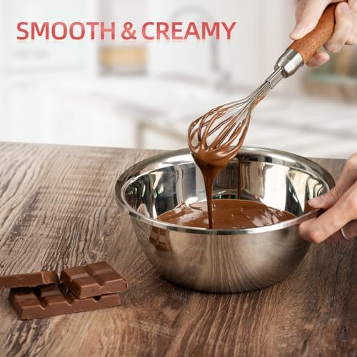 Stainless Steel Wire Whisk for Cooking- Wooden Handle Kitchen Multi Function Non Stick Balloon Whisk Egg Beater for Blending Whisking Beating Frothing Stirring Batters (9"L x 1.8"W)