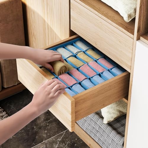 Joyoldelf Sock Organizer Drawer Organizer - 2 Packs Underwear Organizer, 24 Cells Collapsible Closet Organizers and Storage Sock Holders Organizers for Storing Socks, Ties, Belts(Blue)